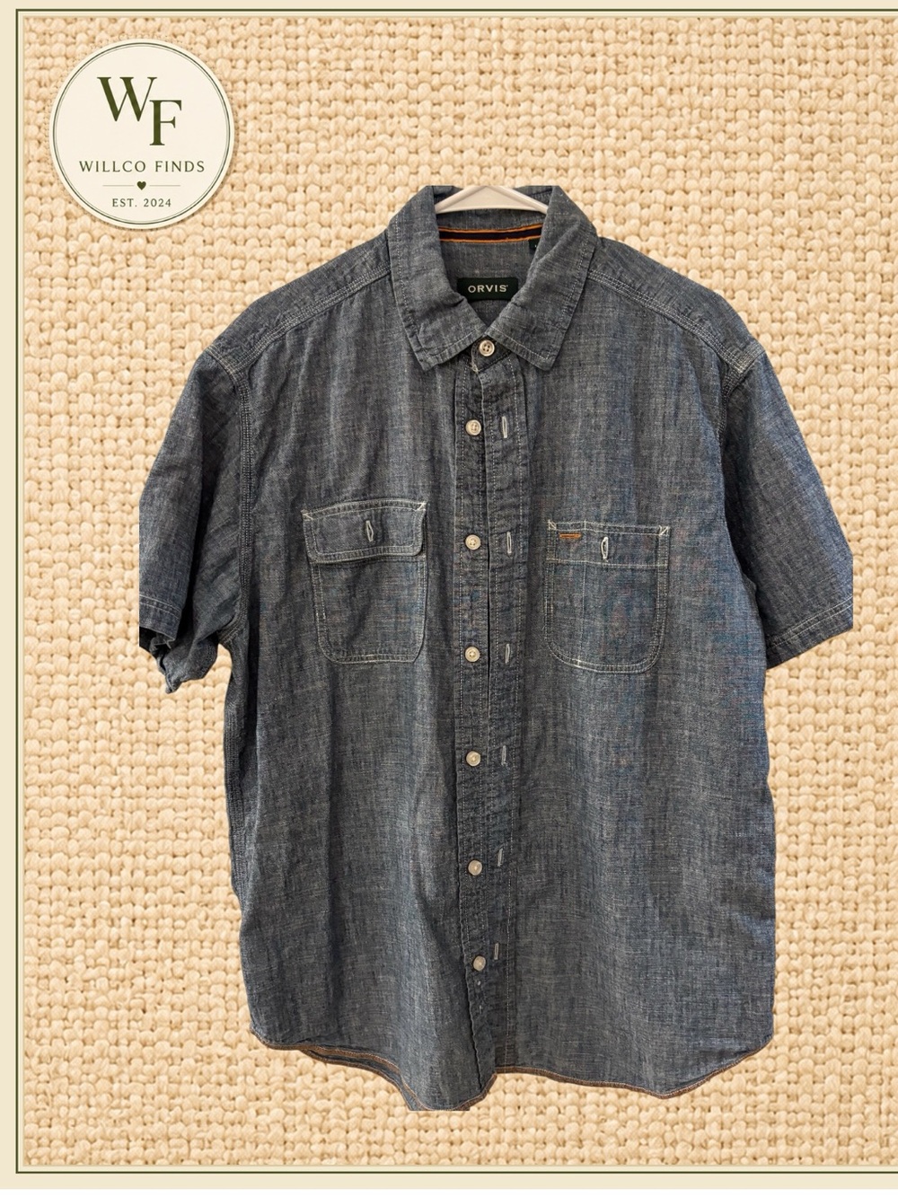 Orvis Short-Sleeve Denim Button Down Men Shirt Large